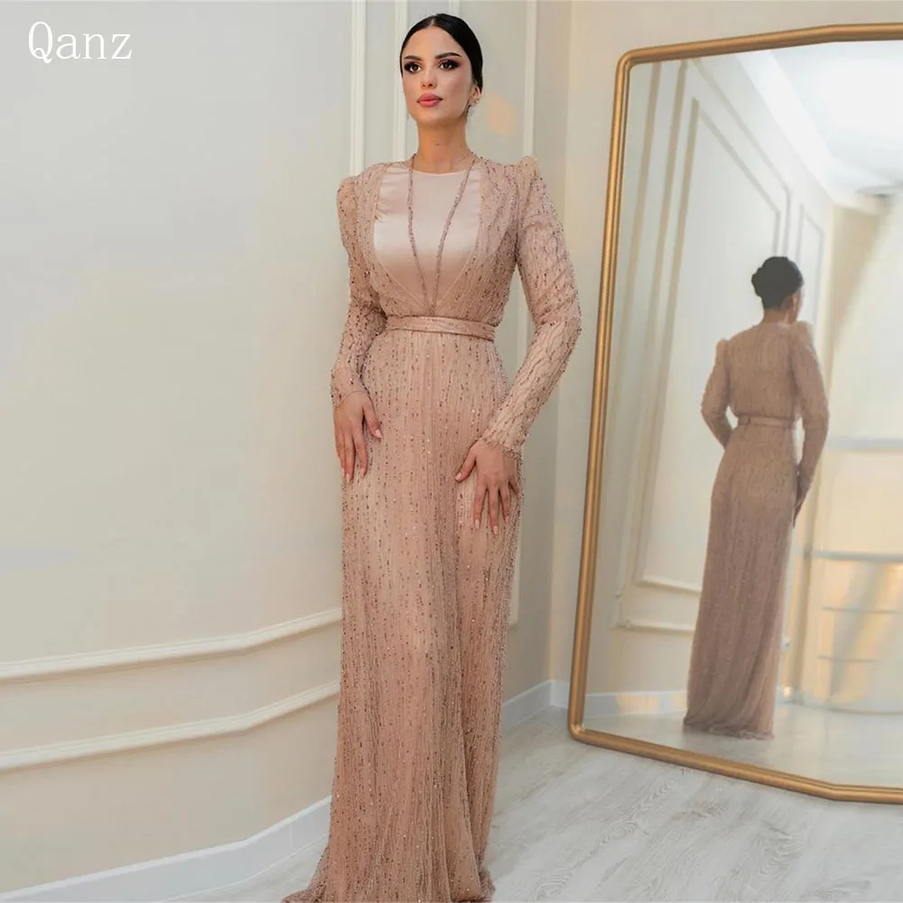 

Qanz Blush Pink Dubai Luxury Evening Dress Tulle Long Sleeves O Neck Pageant Dresses For Women Mermaid Sequined Party Dresses