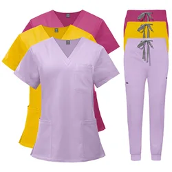 Uniformes de enfermeira multifuncional de dupla camada, terno cirúrgico, roupas anestésicas, tops de manga curta e calças