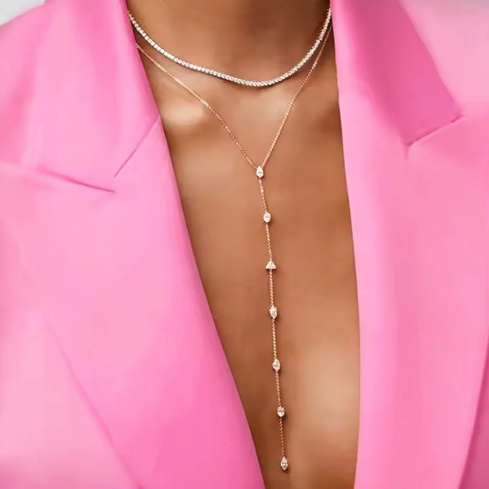 

New Real 925 Sterling Silver Rose Gold Silver Color Geometric Various Shaped CZ Stone Sexy Long Y Lariat Necklace For Women