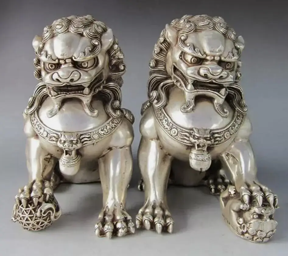 

16cm / 6.3" tibet Silver Bronze Fu Foo Dog Guardian lion Statues Pair Statue