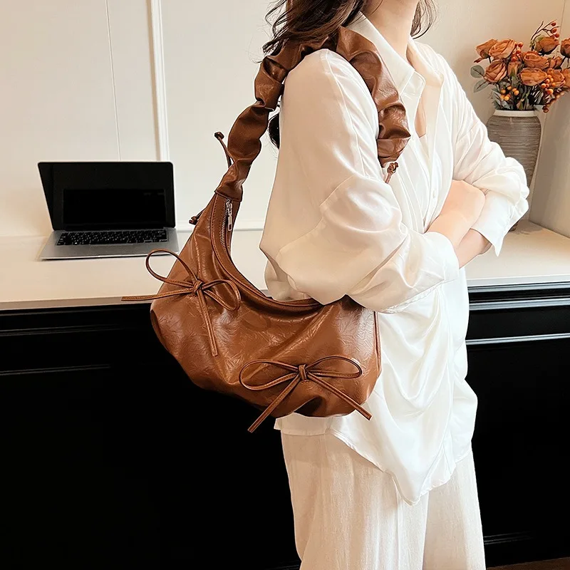 Xiuya Gentle Fashion Womens Shoulder Bag Pleated Korean Style Elegant Hobos Bag Casual Silver Cute Bow Luxury Female New Handbag