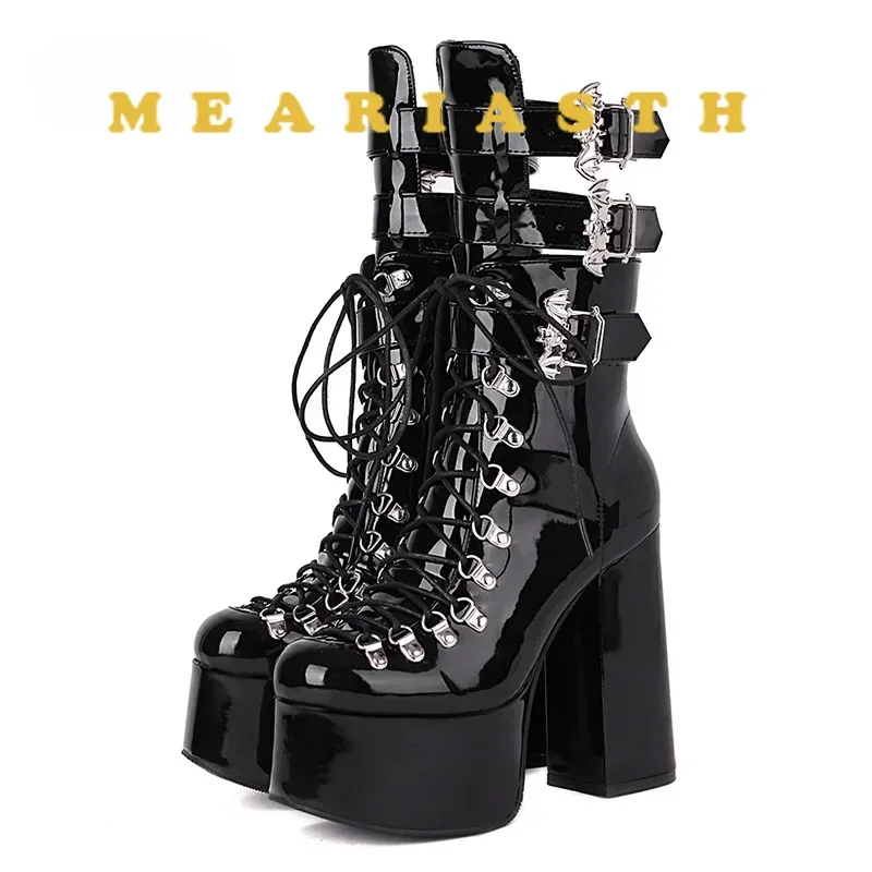 

Gothic Style Black buckle Platform Boots Bat Wings Sexy Clube Night Modern Boots Women Mid Calf Ankel Buckle Strap Plus Size 46