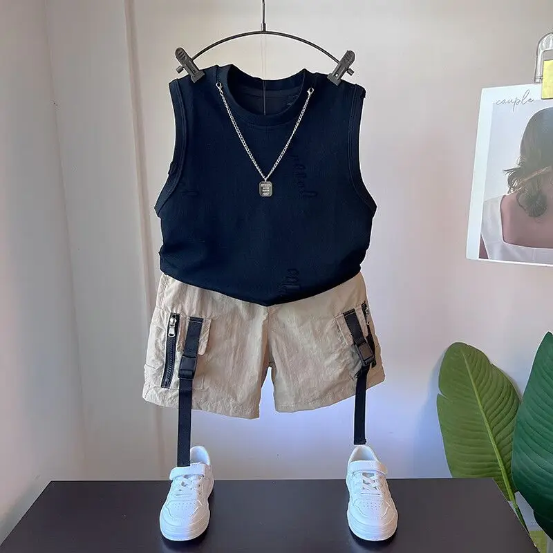 

90-150cm Kids Outfit Boys Summer Sports Set Outdoor Clothes for Children Pure Cotton Sleeveless T-shirt Shorts Two-piece Set