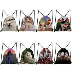 Custom Kawaii Pomeranian / Chihuahua Dog Shoes Bags School Book Bag Travel Dachshund Dog Storage Drawstring Pocket Backpack Kids