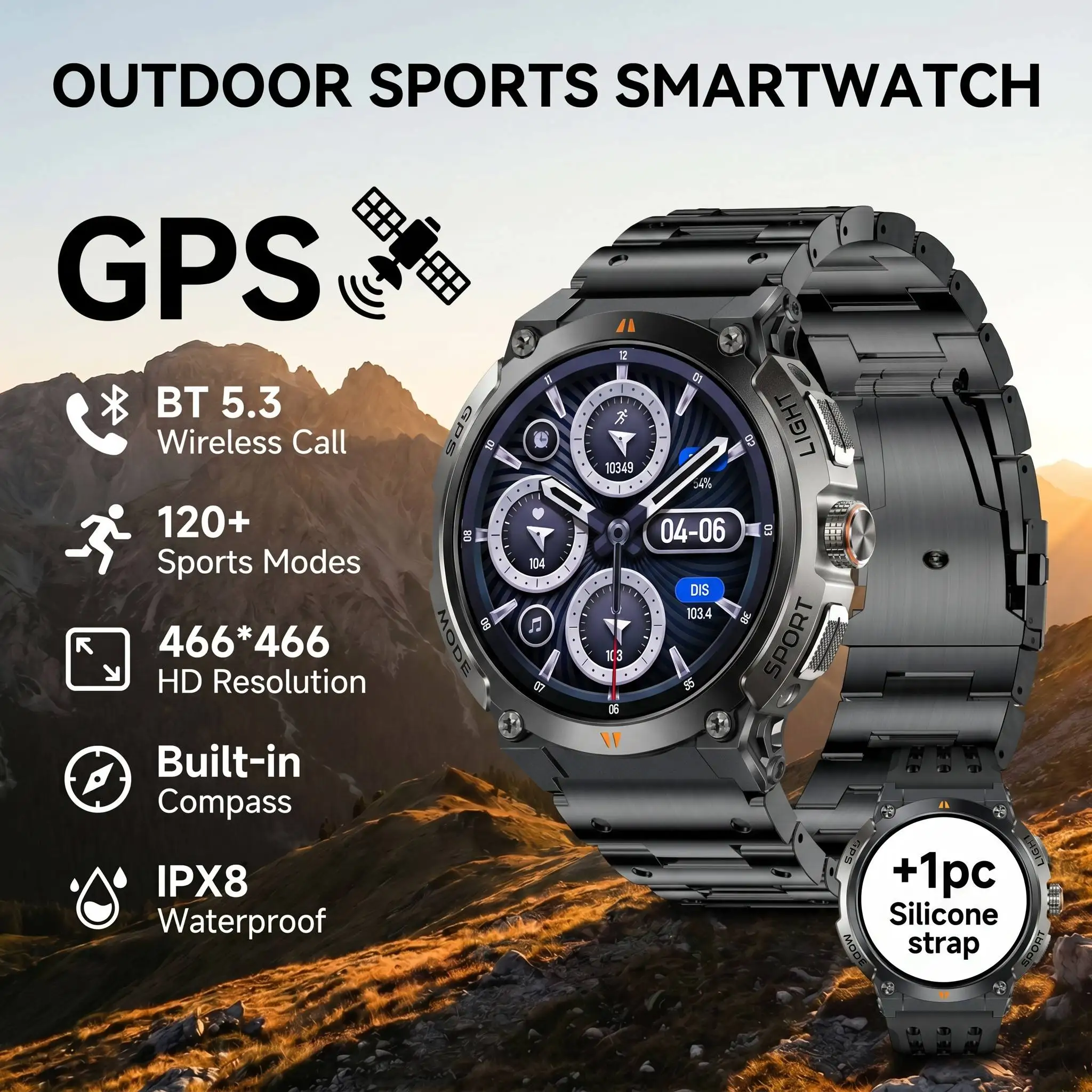2026年アウトドアスポーツスマートウォッチ、gps、コンパス、気圧計、bluetooth-53ワイヤレス通信、466-466高解像度、ホリデーギフト