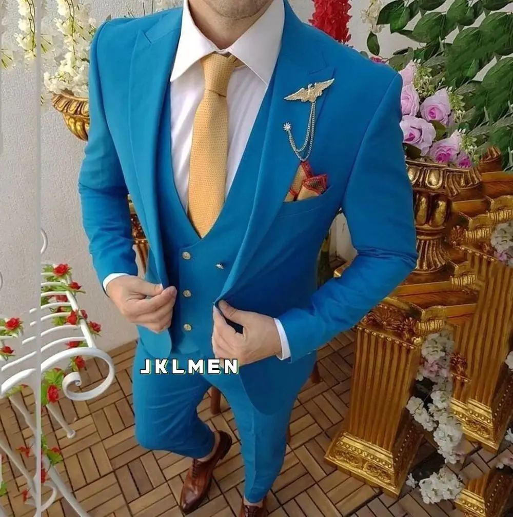 Homme Costume Men's Blue Suits Peaked Lapel Business Wedding Tuxedos Terno Masculine Slim Fit Groom Prom Party Blazer 3 Pieces