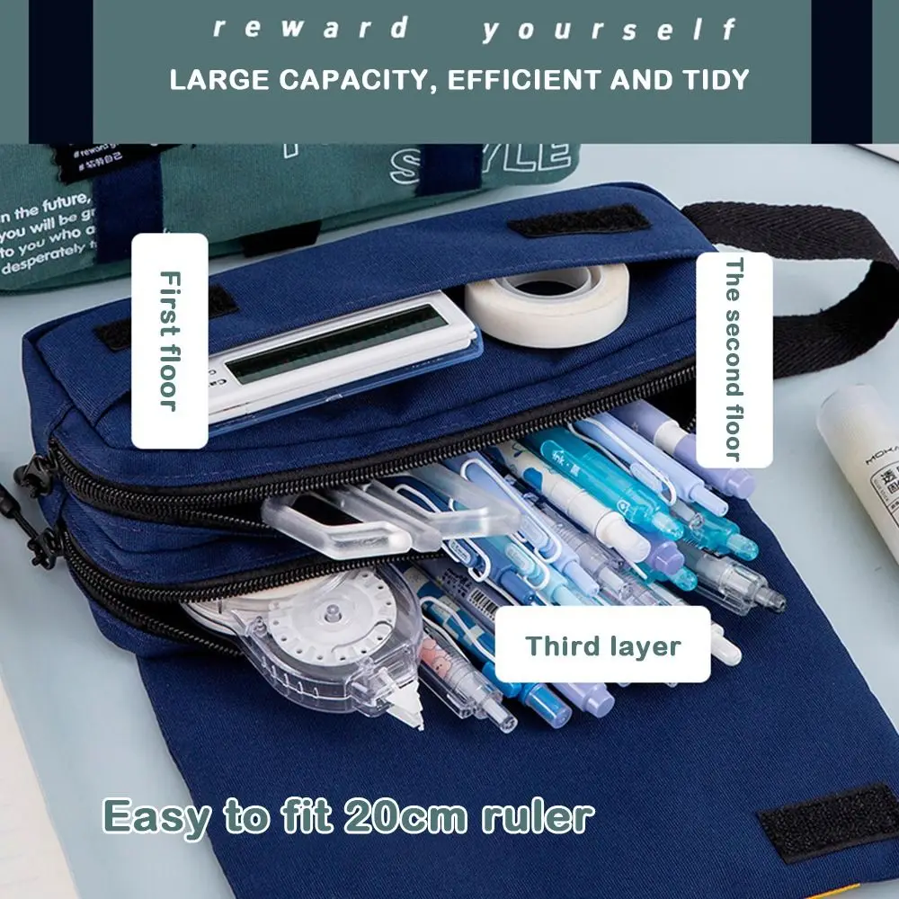 Durable 3 Layers Pencil Case Large Capacity Portable Pen Bag Dirt-proof Letter Printing Pen Case Students