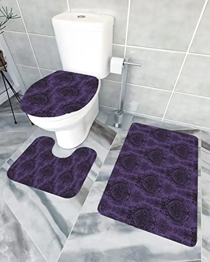 Absorbent Bath Rug Sets 3 Piece with Toilet Lid Cover, Non-Slip Bathroom Rugs and U-Shaped Mats, Antique Classical Damask