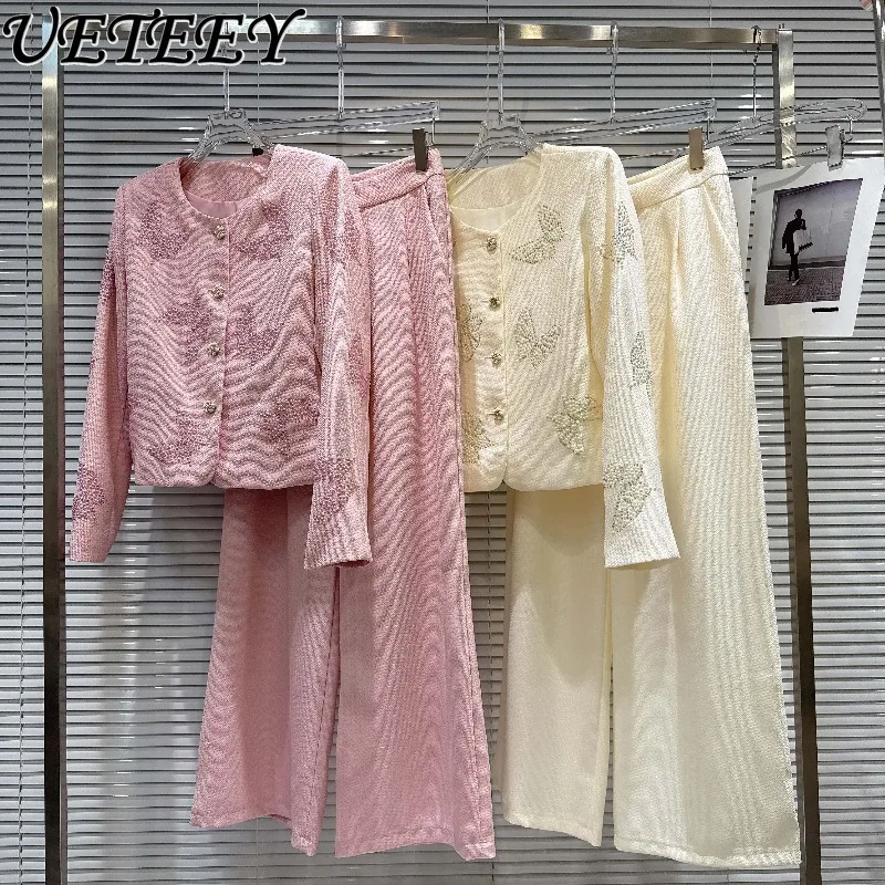 

Spring and Autumn New Round Neck Butterfly Rhinestone Woolen Slimming Short Coat + High Waist Wide Leg Trousers Long Pants Set