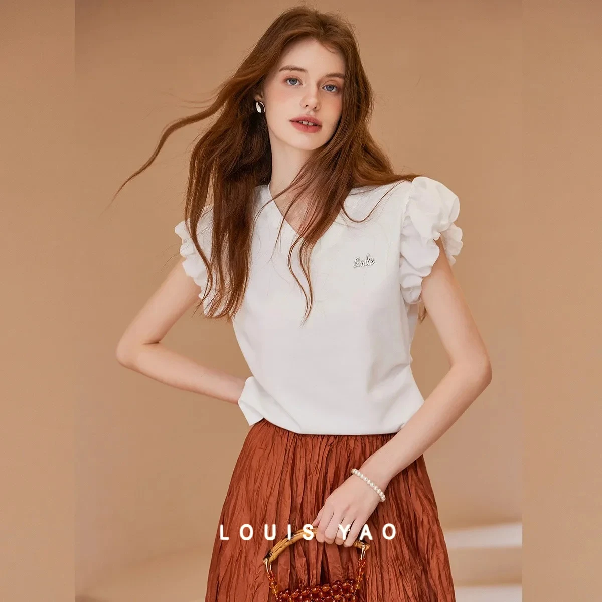 LOUIS YAO Summer Women's T-shirt 2025 V-neck Pullover Flower Bud Sleeve T-shirt Side Seam Pleated Slim Fit Short Sleeved Tops