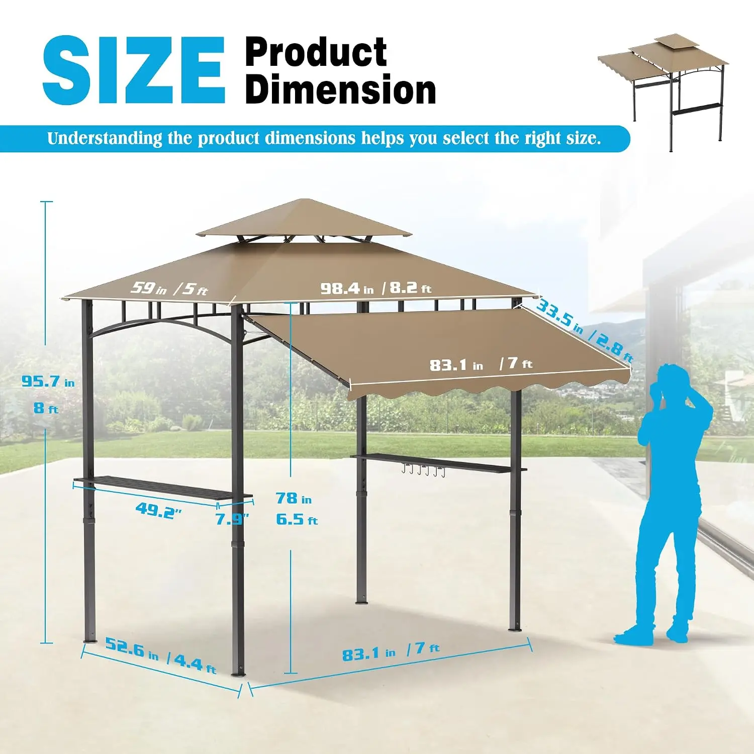 8x8 FT Grill Gazebo BBQ Canopy with Side Awning Double Tier 2 Shelves Hooks Bottle Opener for Patio Backyard, Customized
