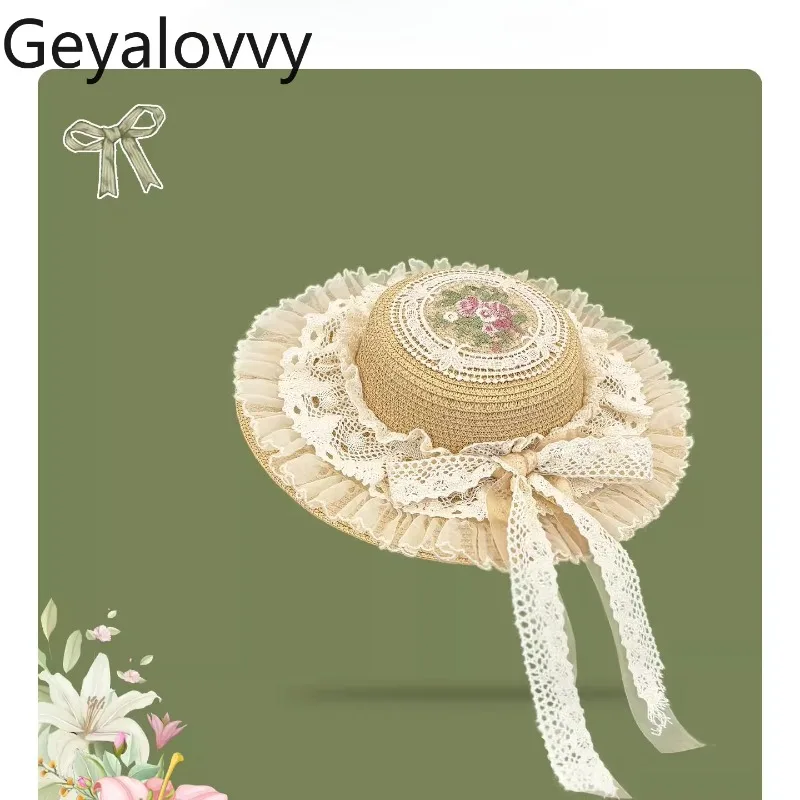 

French Country Style Lolita Mori Series Straw Hat Sweet Girls Versatile Lace Bow Embroidery Sunshade Lolita Flat Hats Caps