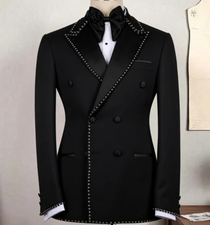 

Men White Beaded Tuxedo 2 Piece Suit Slim Fit Shawl Lapel Double Breasted Blazer Pants Set Wedding Prom Party Customized
