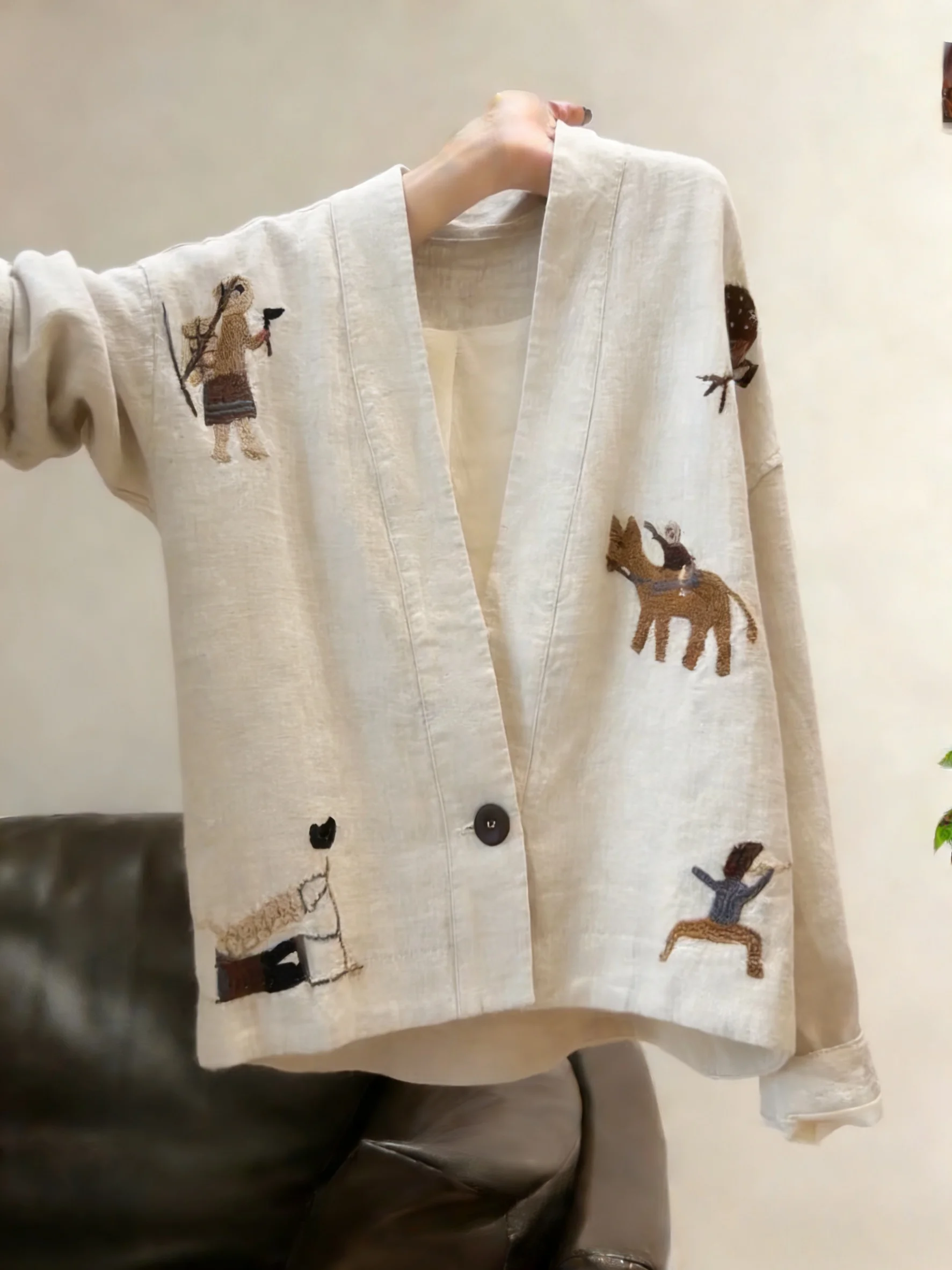 

Faionable Heavy Embroidery V-Ne Linen Casual irt Women Spring Autumn Small Size Sli Versatile Jaet Top