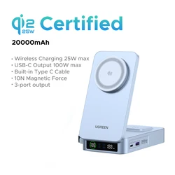 Banco de Energía Magnético UGREEN de 100W y 20000mAh, Portátil, con Carga Rápida Inalámbrica PD 2 en 1, para MagSafe Qi2, Estación de Carga de 25W