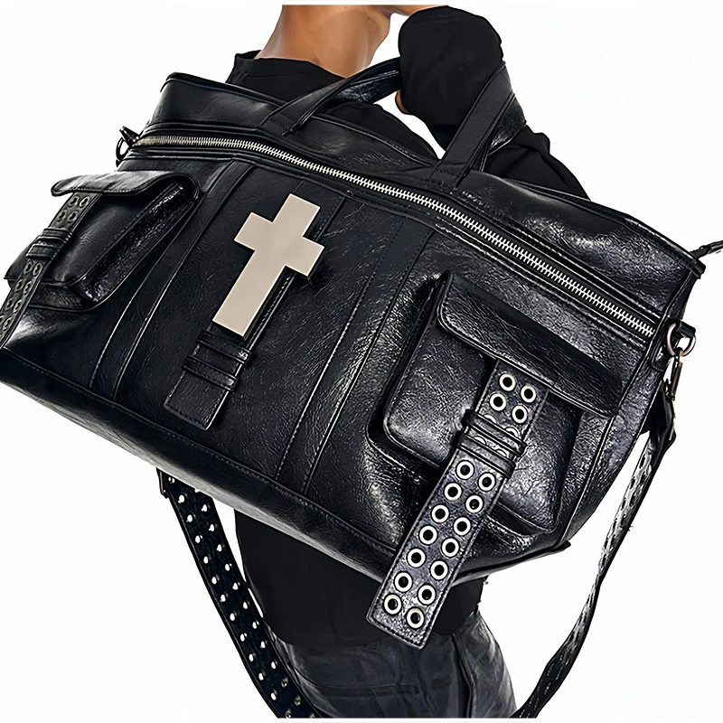 Vintage Distressed Tote Bag mit Kreuznieten, Große Unisex Umhängetasche, Reißverschluss-Handtasche aus Cracked PU für Damen – Detail 21