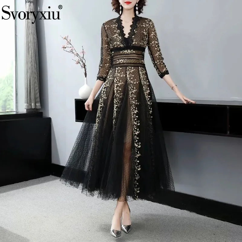 

Svoryxiu Runway Designer Summer Sexy Party Black Mesh Long Dress Women's V-Neck Hollow Out Embroidery Applique Dresses XXL