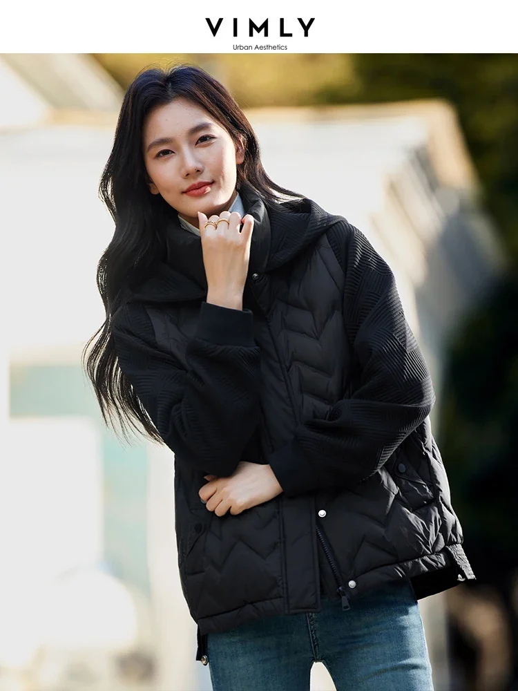 VIMLY, abrigos cortos sencillos de invierno con cuello alto empalmados y plumón de pato blanco, chaqueta cálida Ultra gruesa a prueba de viento 50633