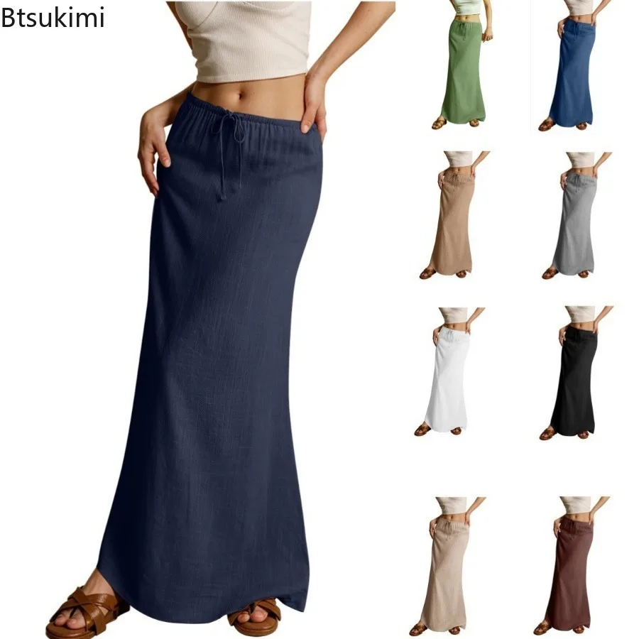 Fashion New Women's Solid Casual Long Skirts Summer Sexy High Waist Drawstring Lace Up Pencil Skirts Women Vacation Beach Skirts