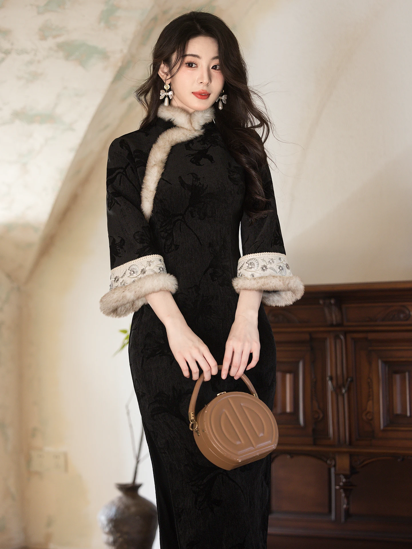 

Зимнее платье в ретро-китайском стиле с длинными рукавами, на флисовой подкладке, утепленное, приталенное, для ежегодных встреч