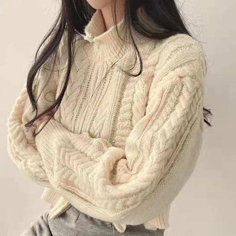 Women Double Zipper Sweater Flip Collar Short Pullover Crochet Fabric Solid Color Knit Cardigan Casual Elegant Coat Fall Winter