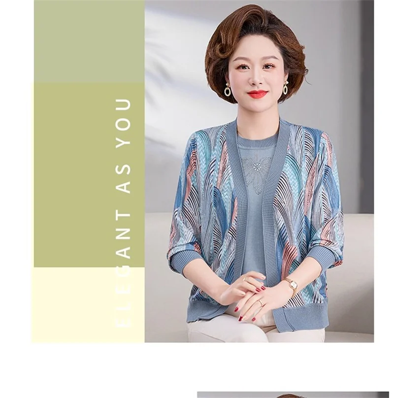 

Mom's Spring Knitted Two piece Top 2025 New Middle aged and Elderly Women's Cardigan Thin Coat Spring/Summer Style Set