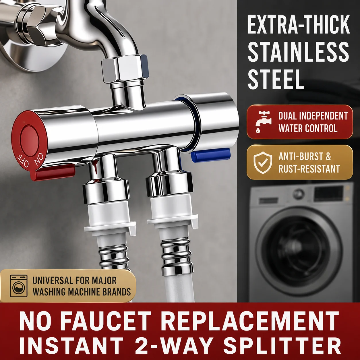 SUS304 Washing Machine Faucet Splitter 1/2'' 1 In 2 Out Three Way Auto Shut-Off Water Diverter Adapter