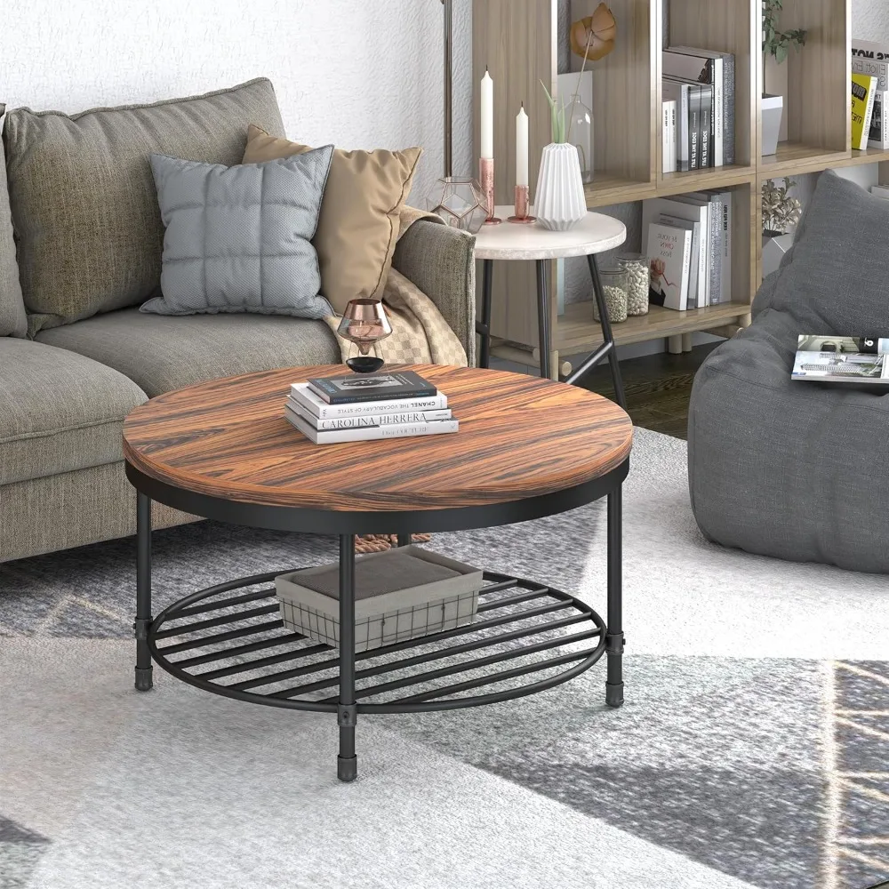 Tavolino da caffè vintage con piano in legno marrone grigio scuro con gambe in metallo e ripiano portaoggetti, alto 18,5 per piccoli spazi