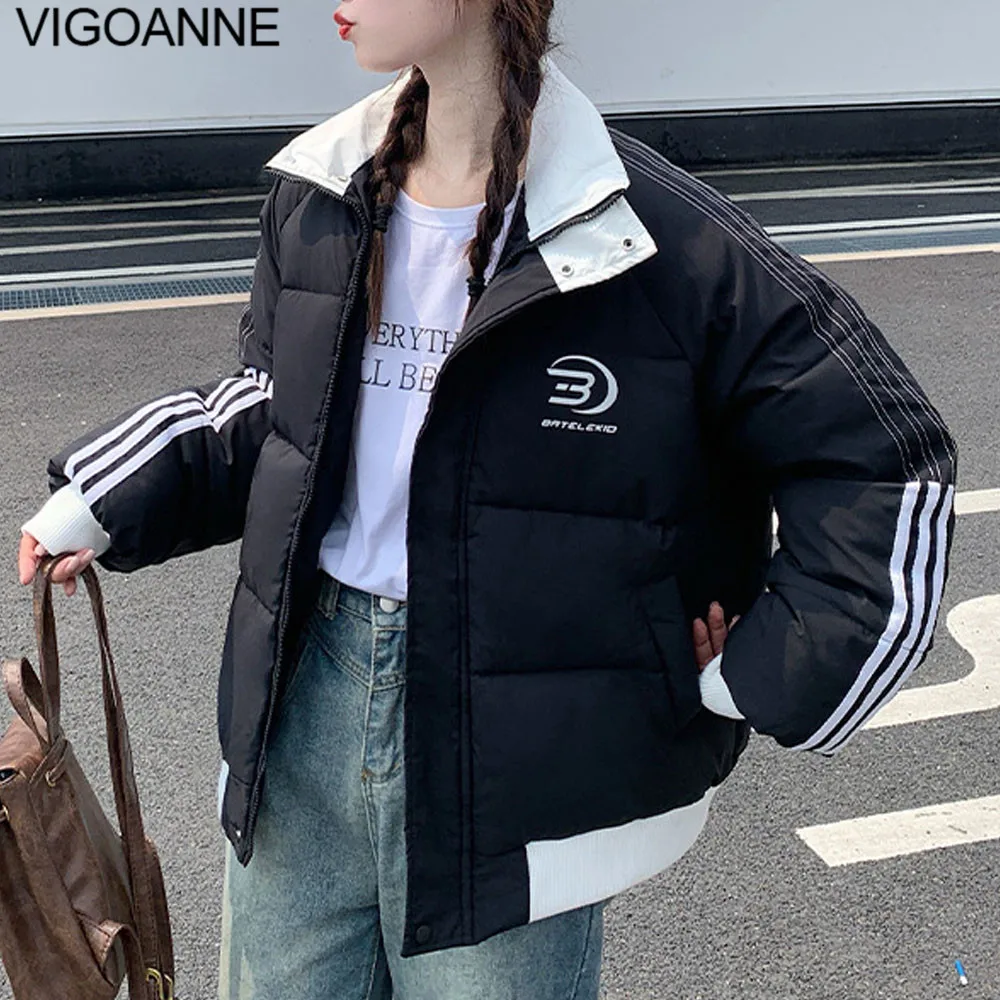 VigoAnne 2025 Winter Solid Stand-up Collar Female Coat Women Korean Pocket Short Jacket Lady Zipper Loose Thick Warm Outwear