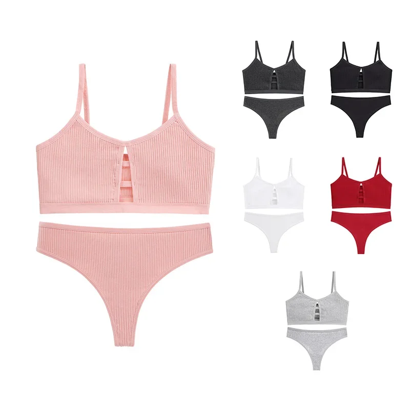 حمالات صدر قطنية لاسلكية للنساء، ملابس داخلية ملفوفة من القطن، حمالة صدر قطنية مثلثة قابلة للتمدد، مجموعة حمالة صدر وسراويل داخلية رفيعة غير مبطنة