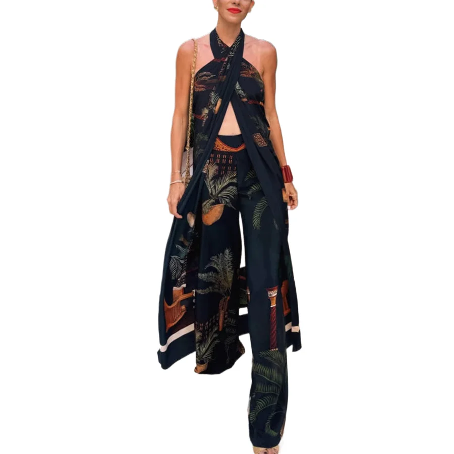 

Vintage Print Pants Sets Women Summer Sleeveless Halter Neck Long Tops Straight Trousers Two Piece Set Streetwear Vacation Style