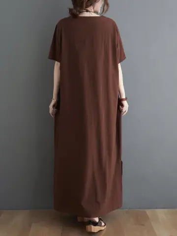 여성용 드레스 여름 A라인 단색 여성용 여름 여유로운 코튼 리넨 반팔 롱스커트 드레스 원피스 드레스 원피스 드레스