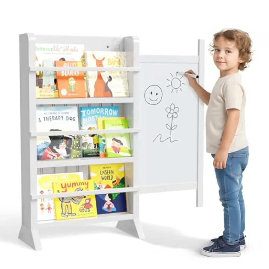 

Bookshelf - Baby Book Shelf for Room with Montessori Furniture Sliding Whiteboard Dry Erase Markers - Wooden Bookshelf for Kid