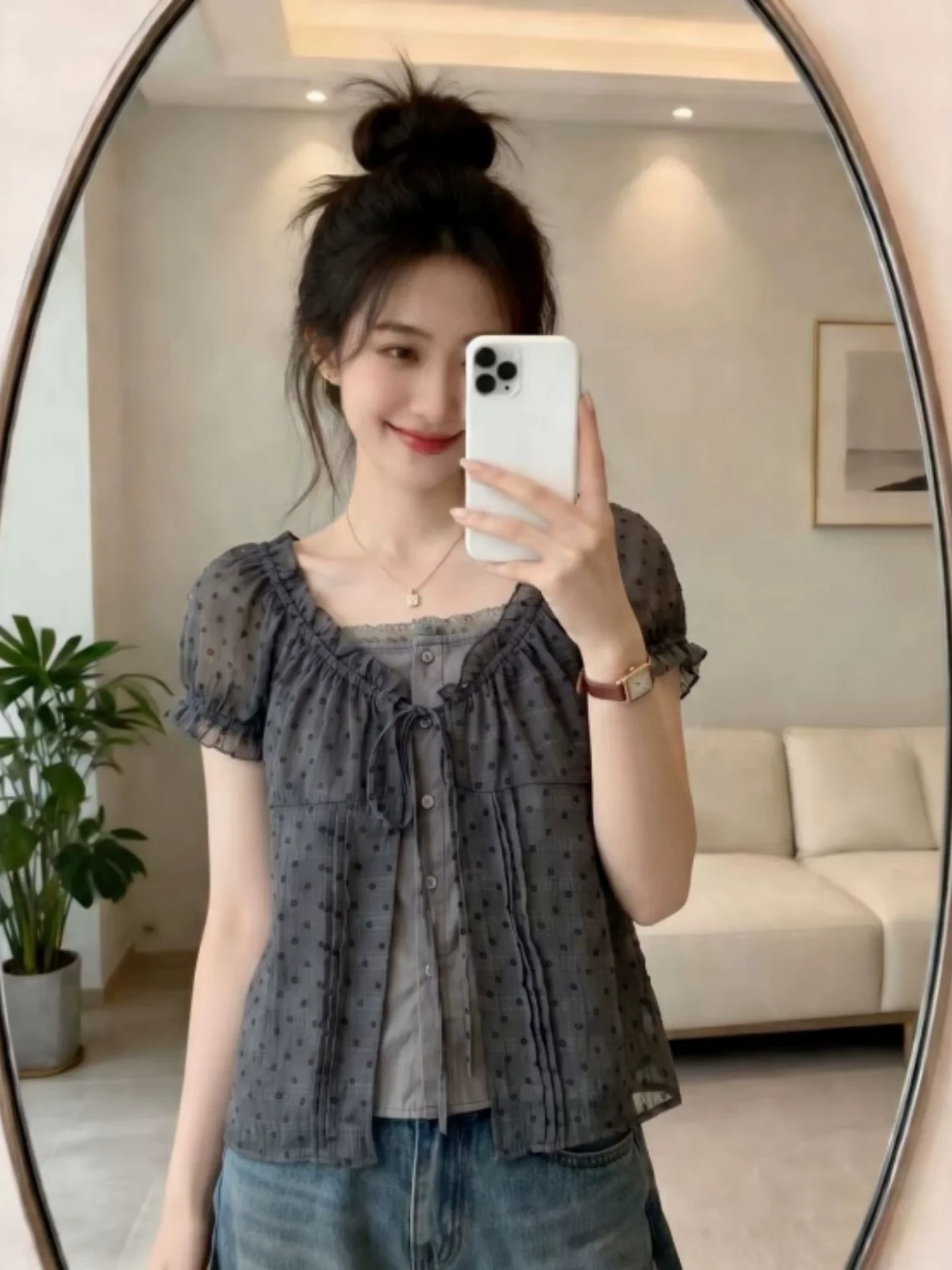 Slimming Polka Dot Short Sleeve Base Shirt Women's Summer 2026 plus Size Square Collar Top Korean Style Commute Fashion