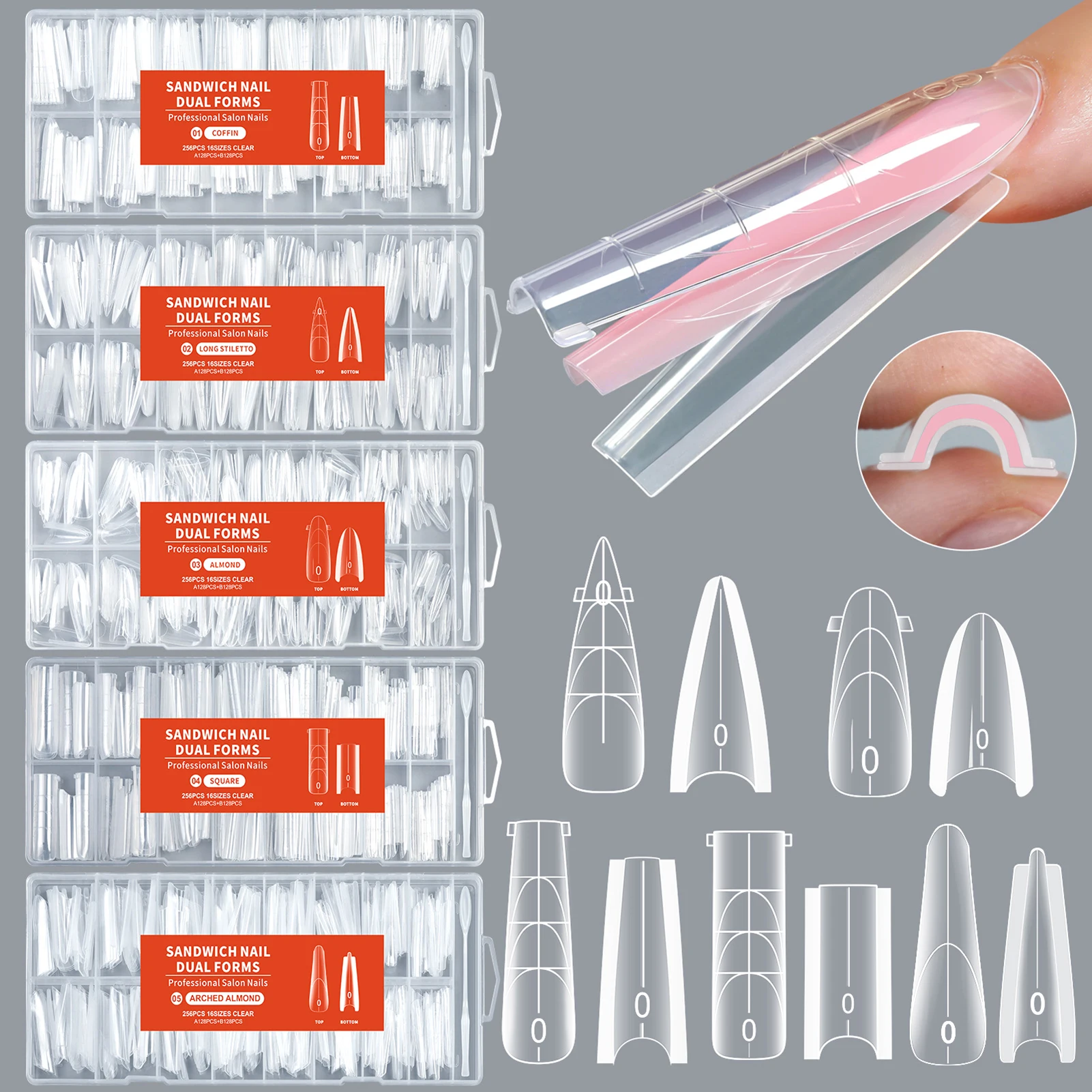 256pcs Sandwich Nail Dual Forms Nail Extension Mold Builder Gel Coffin Almond Shape Top/ Bottom Nail Forms Manicure 16 Sizes