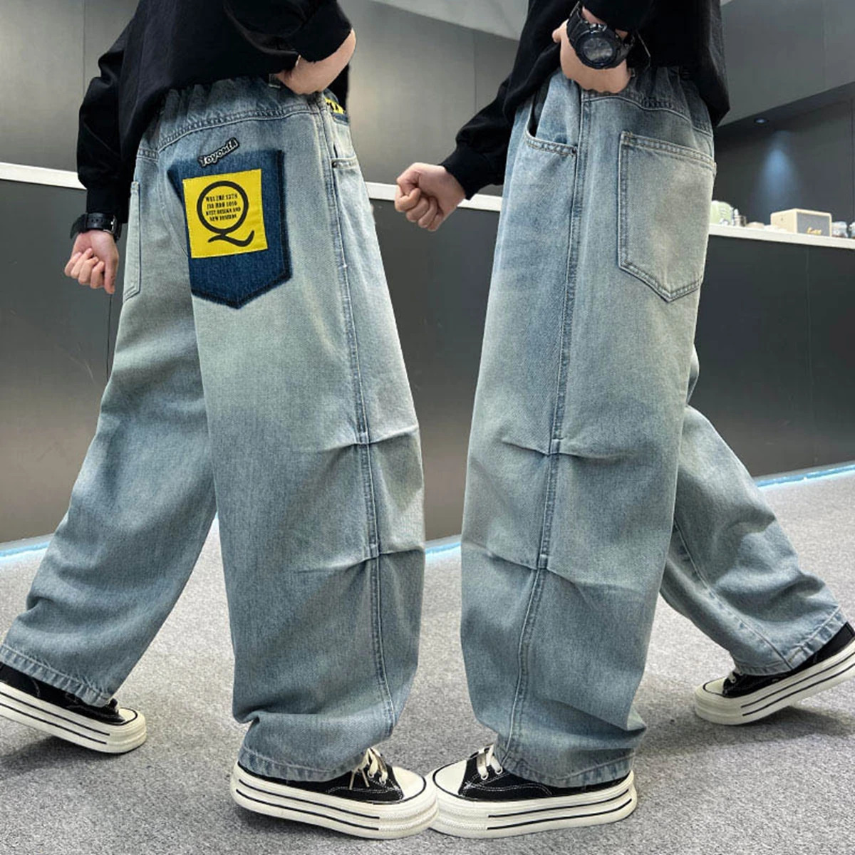 Kids Boys Teen Jeans 2026 Autumn Junior Boys Letter Pockets Denim Pants Simple 4-16Yrs Teens Boys Straight Pant Boys Trousers