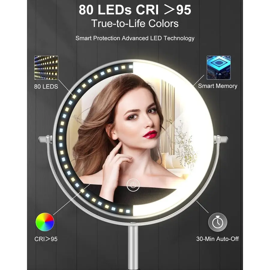 Mirror with Lights, 1X 30X Lighted Magnifying Mirror Height Adjustable, 3000mAh Rechargeable Double Sided Vanity Mirrors with 3