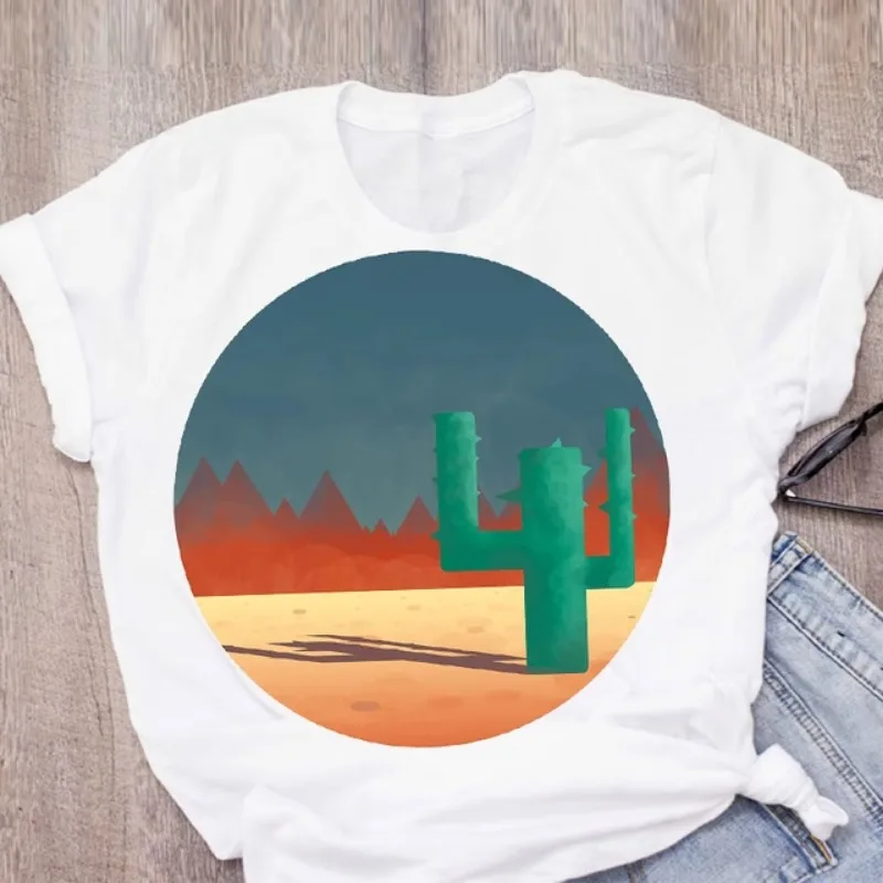 

Fashion Cactus Print Modal round Neck White T-shirt Women's Blouse Harajuku Style Graphic T-Shirt European AmericanInspired