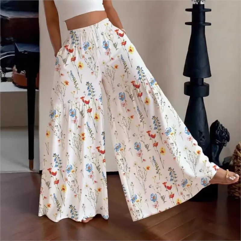 

Summer Fairy Floral Pants Women's High Waist Loose Wide Leg Elegant Thin Skinny Versatile Straight Pants Female Trousers