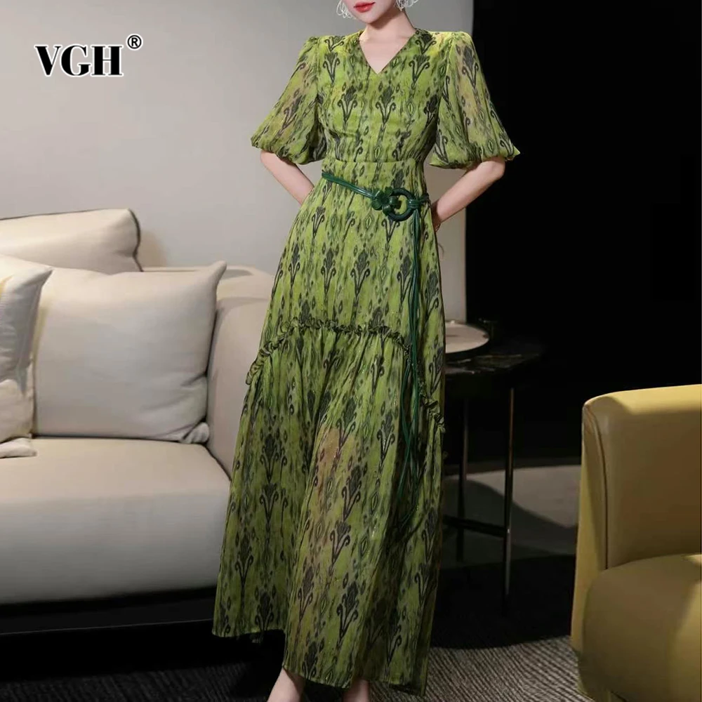 

VGH Vintage Spliced Fungus Tunic Dress for Women V Neck Half Sleeve High Waist Patchwork Lace Up Printing Dresses Female Clothes