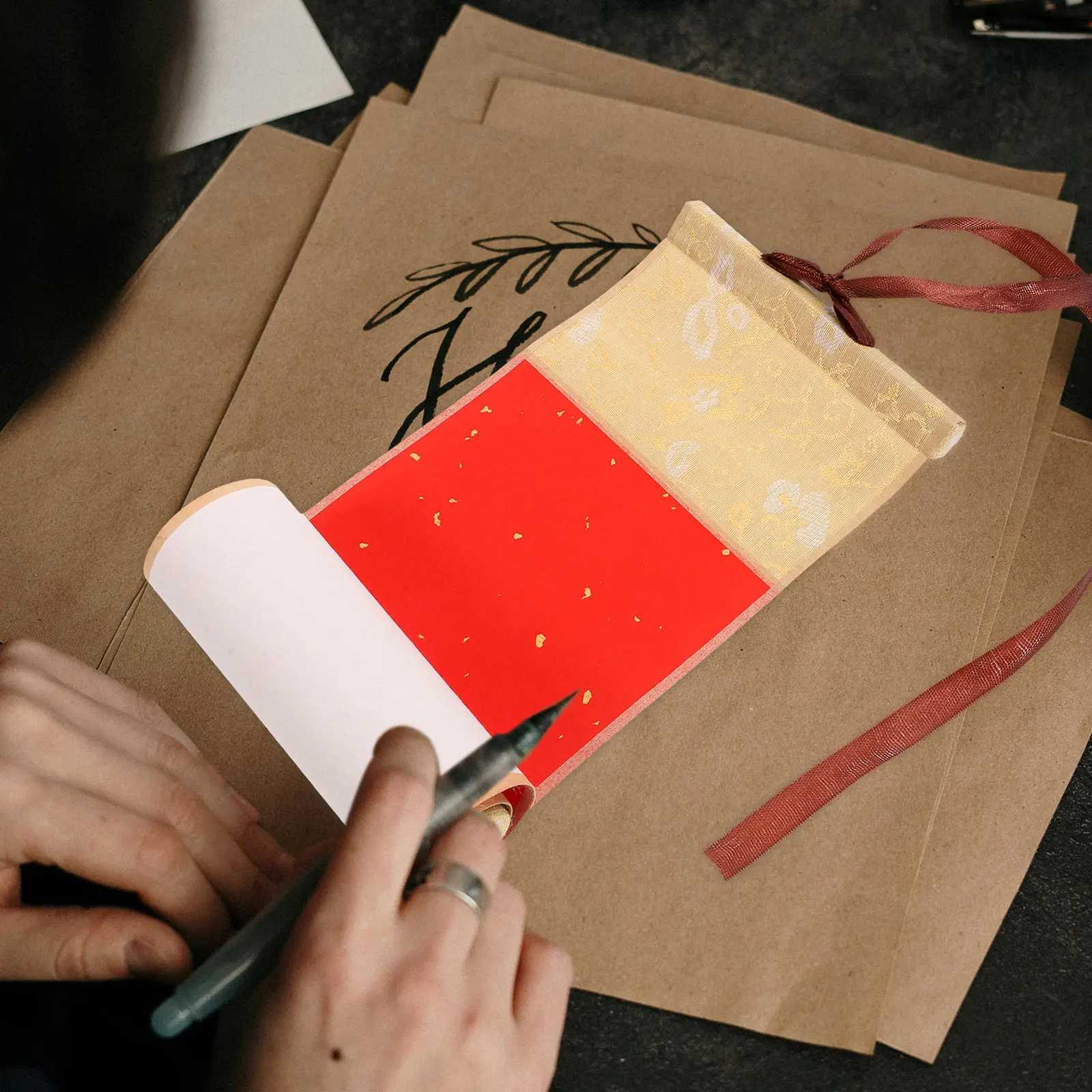 Authentic Xuan Paper Blank Hanging Scroll Featuring Wooden Rods for Calligraphy Art Sumi-E Painting Wedding Vows Ceremony