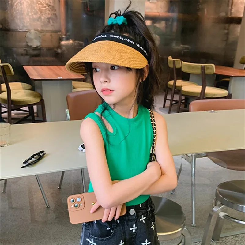 2026 Summer  Trendy Girls Summer Sleeveless Vest Off Shoulder Irregular Short Camisole Sports Fashion Baby Kids Tank Top