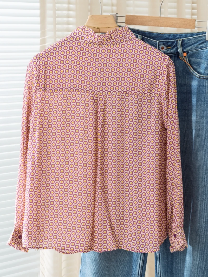Comfortable Long Sleeve Digital Geometry Print Shirt Women's Elegant Lace Collar Commute Style Regular Fit Straight Tube Shirt