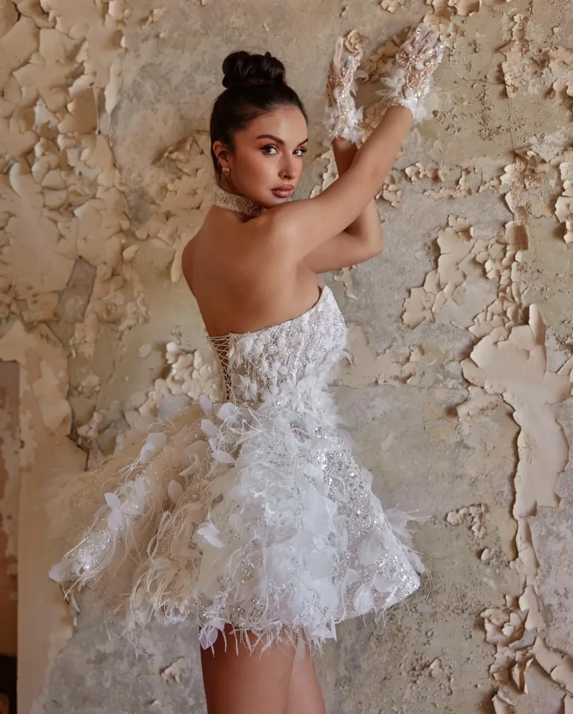 Sexy Mini Prom Dresses Strapless 3D Decal Sequins Knee Length Wedding Dress A-line Backless Birthday Party Dress Customized