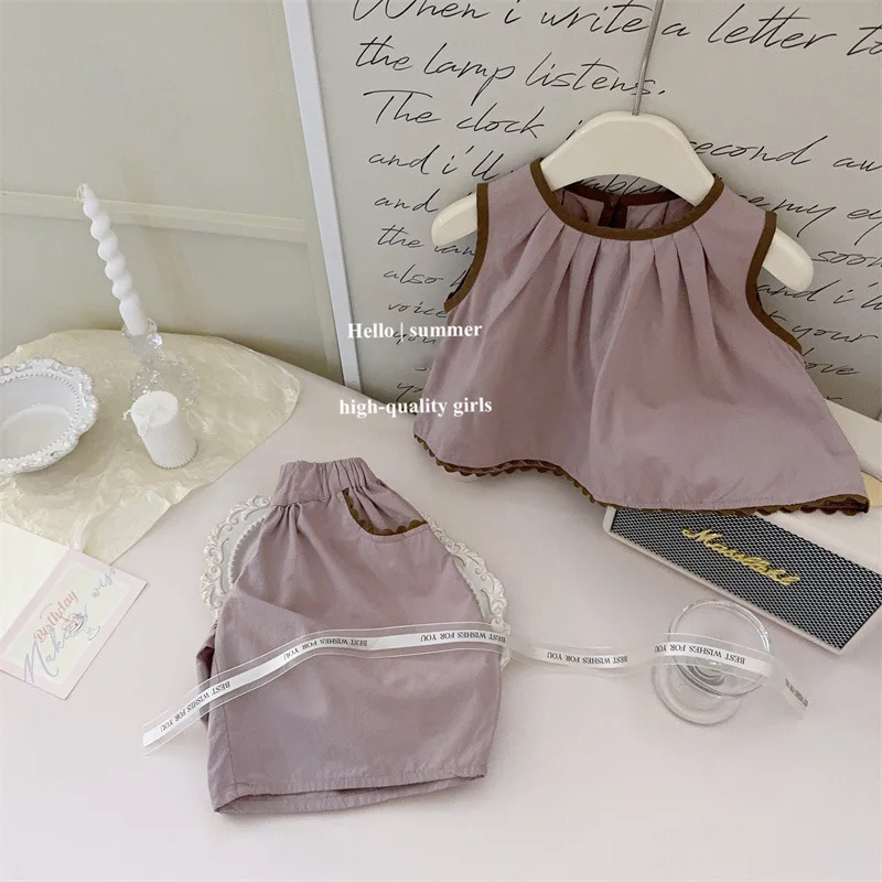 

Girls Clothes Set 2024 New Summer Korean Style Baby Girls Lavender Vest Wide Leg Pants Children Fashion 2-piece Set