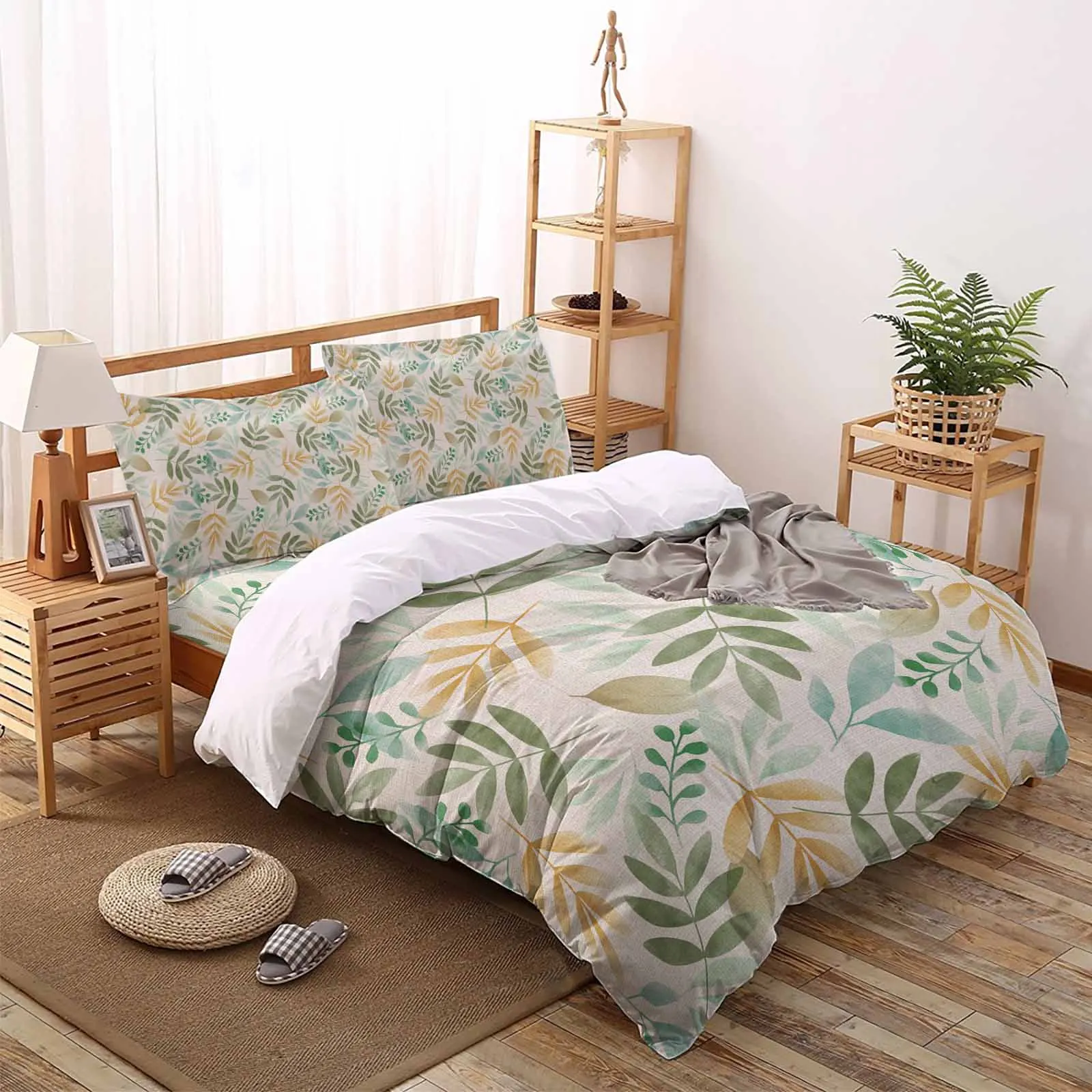 Plant Tea Green Leaves The-4piece Textile Set on the Bed Includes Two Pillowcases One Duvet cases One Bedsheet Customization