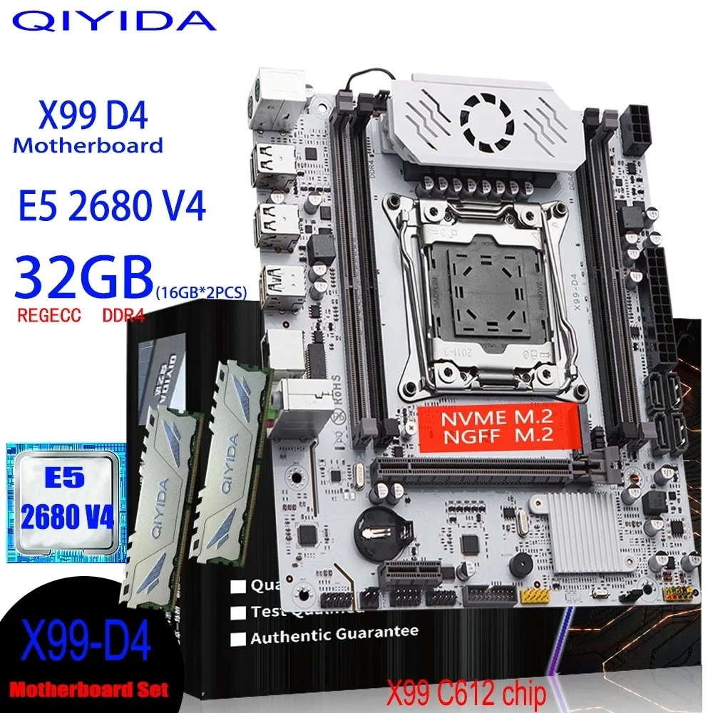 X99 Motherboard Set Kit Xeon LGA 2011-3 E5 2680 V4 CPU Processor 32G=2*16G DDR4 REG ECC RAM X99 C612chip Memory NVME M.2