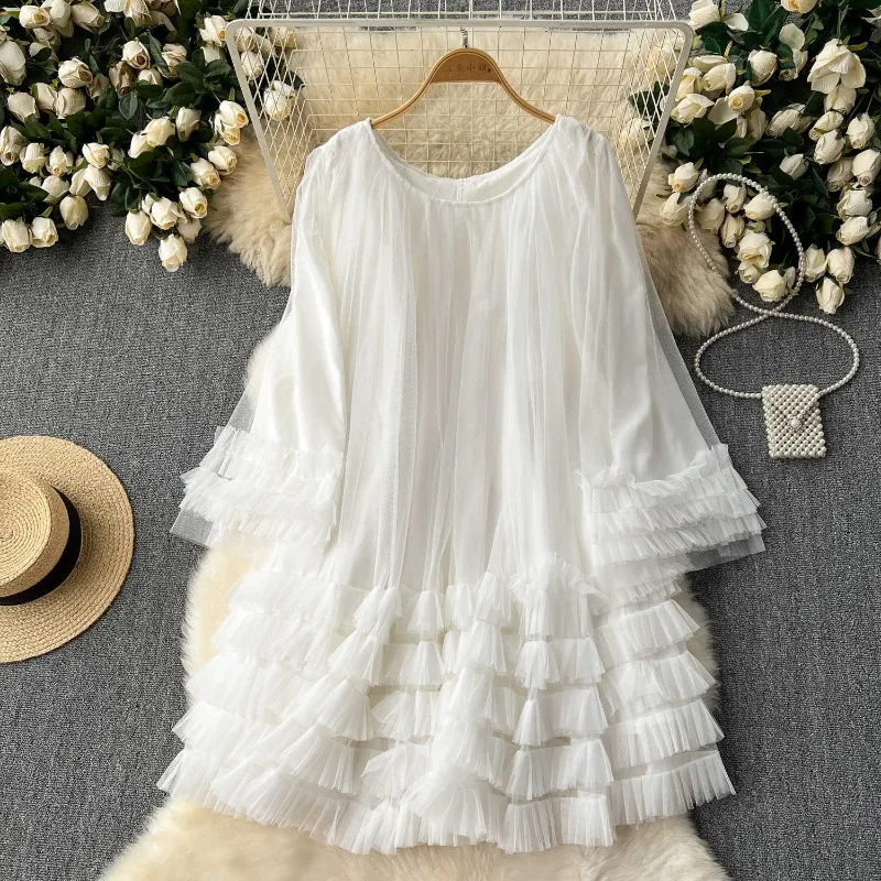 Sukienka Gymystars z siateczki w jednolitym kolorze, jesienne sukienki damskie, modna, luźna, w kształcie litery A, z okrągłym dekoltem, warstwowa, elegancka sukienka na wesele/imprezę dla kobiet.