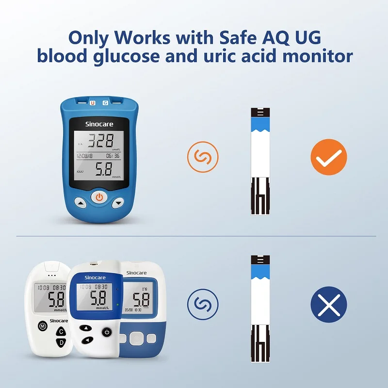 Sinocare Uric Acid Test Strips or Blood Glucose Strips for Safe AQ UG only 100PCS with free lancets for Diabetes