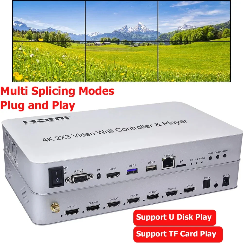 4K 2x3 HDMI Video Wall Controller Player Can 2x2 180° Rotate RS232 USB Flash Drive U Disk 2x2 1x2 1x3 1x4 Multi Splicing Modes